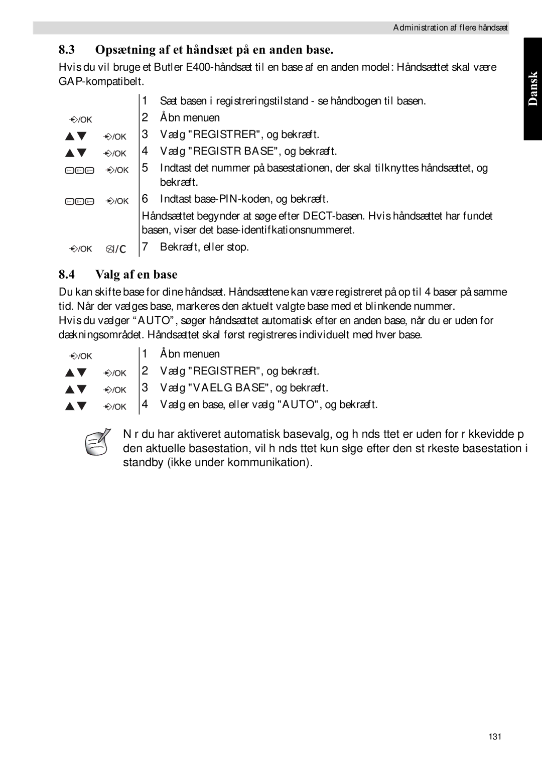 Topcom E400 manual Opsætning af et håndsæt på en anden base, Valg af en base 