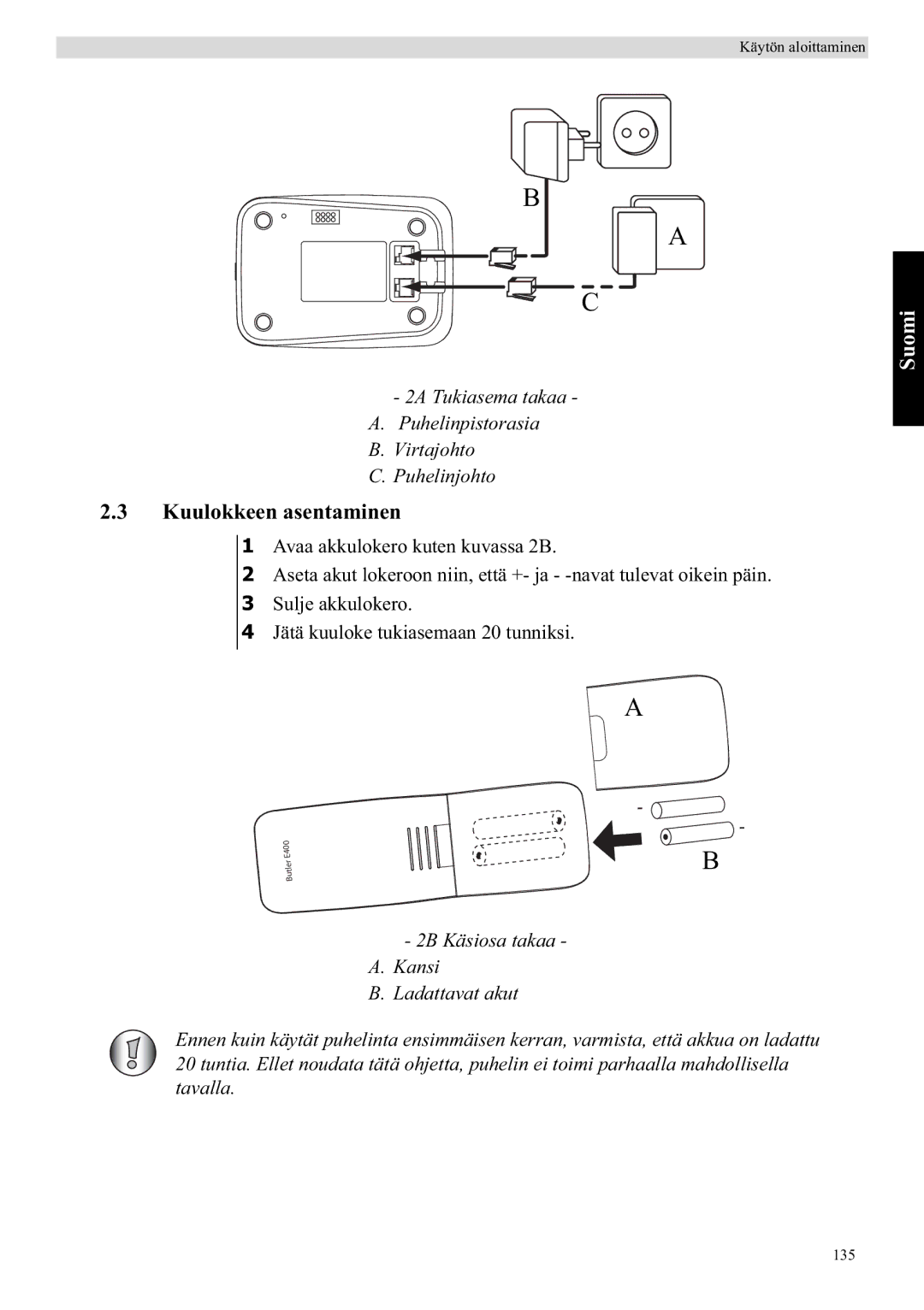 Topcom E400 manual Kuulokkeen asentaminen, Suomi 