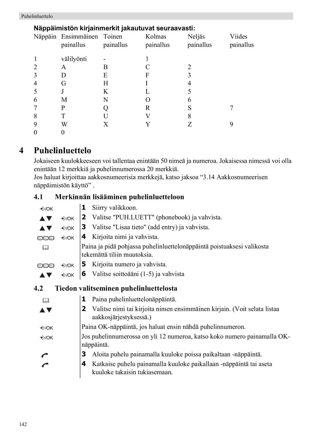 Topcom E400 manual Puhelinluettelo, Merkinnän lisääminen puhelinluetteloon, Tiedon valitseminen puhelinluettelosta 