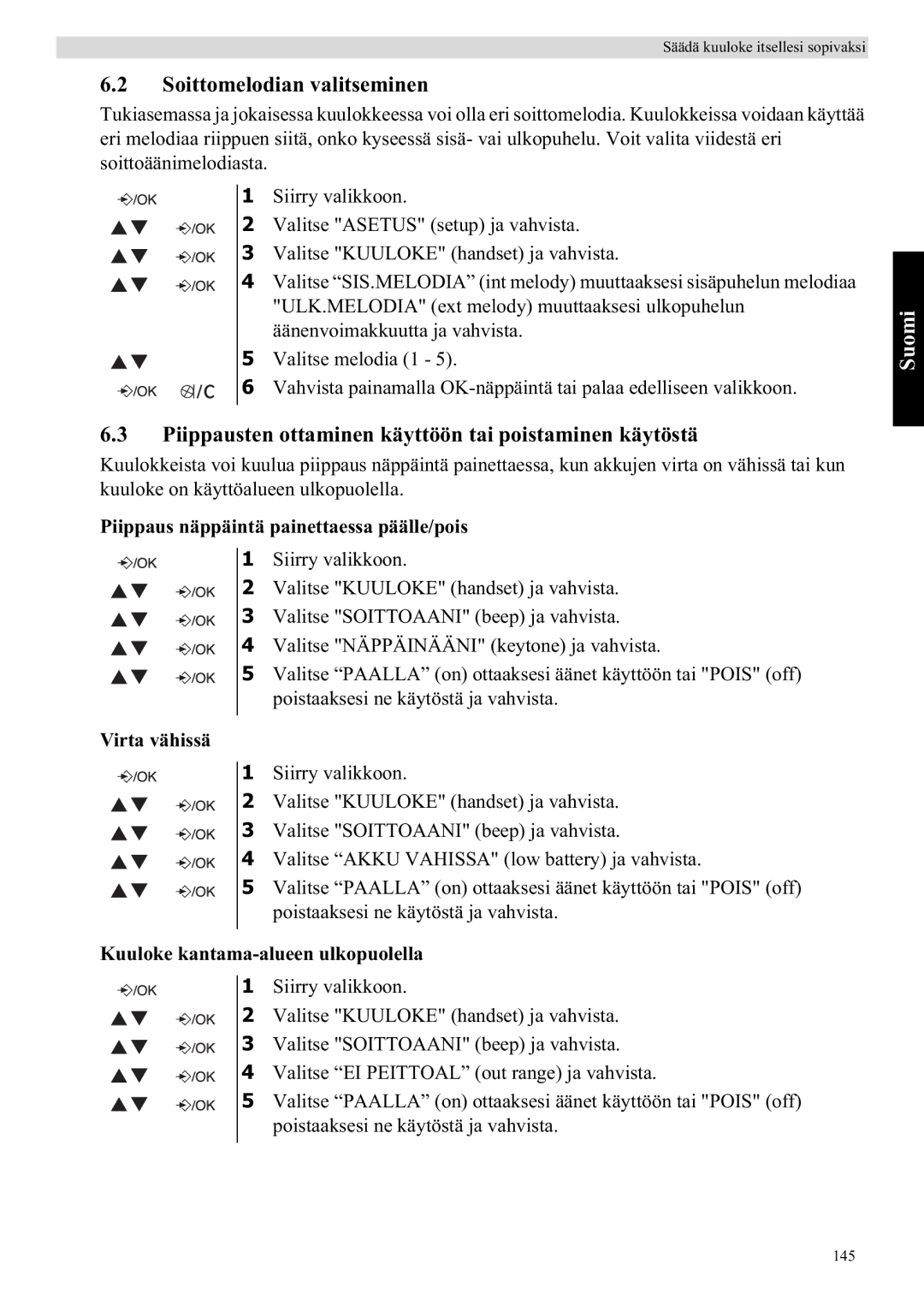 Topcom E400 manual Soittomelodian valitseminen, Piippausten ottaminen käyttöön tai poistaminen käytöstä, Virta vähissä 