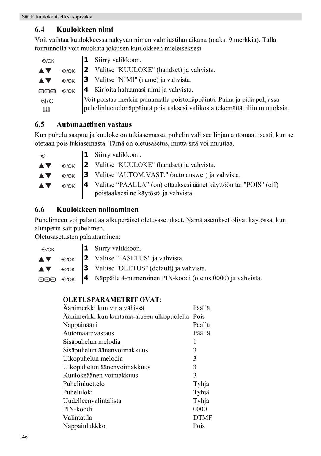 Topcom E400 manual Kuulokkeen nimi, Automaattinen vastaus, Kuulokkeen nollaaminen 