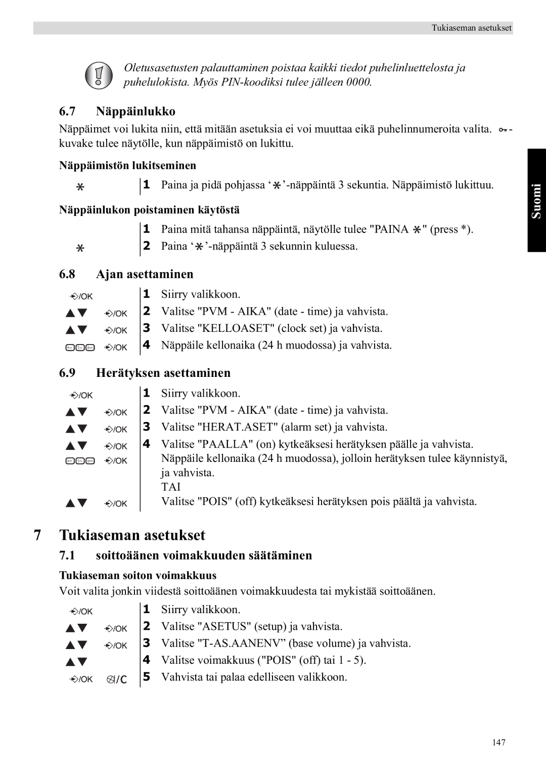 Topcom E400 manual Tukiaseman asetukset, Näppäinlukko, Ajan asettaminen, Herätyksen asettaminen 