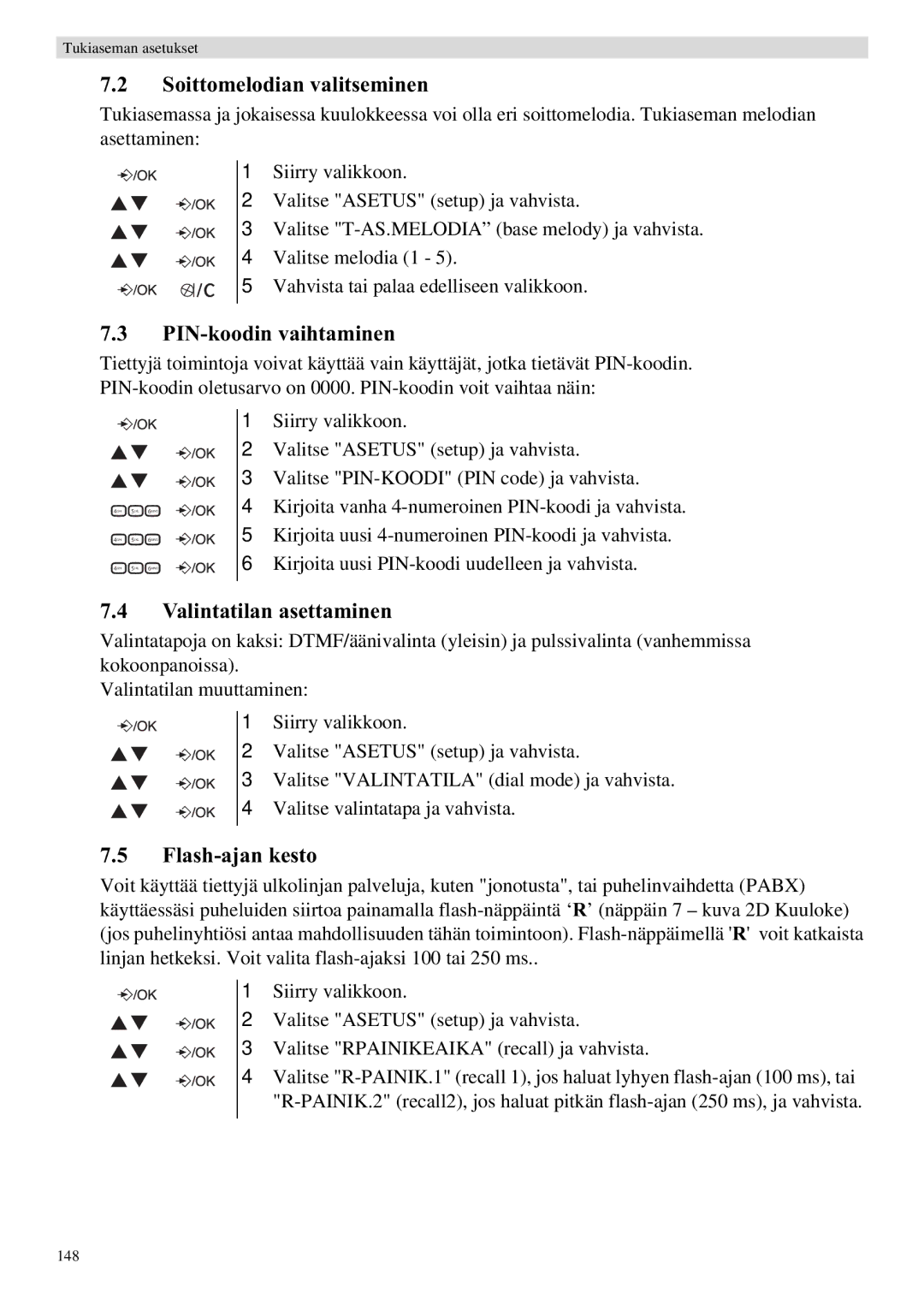 Topcom E400 manual PIN-koodin vaihtaminen, Valintatilan asettaminen, Flash-ajan kesto 