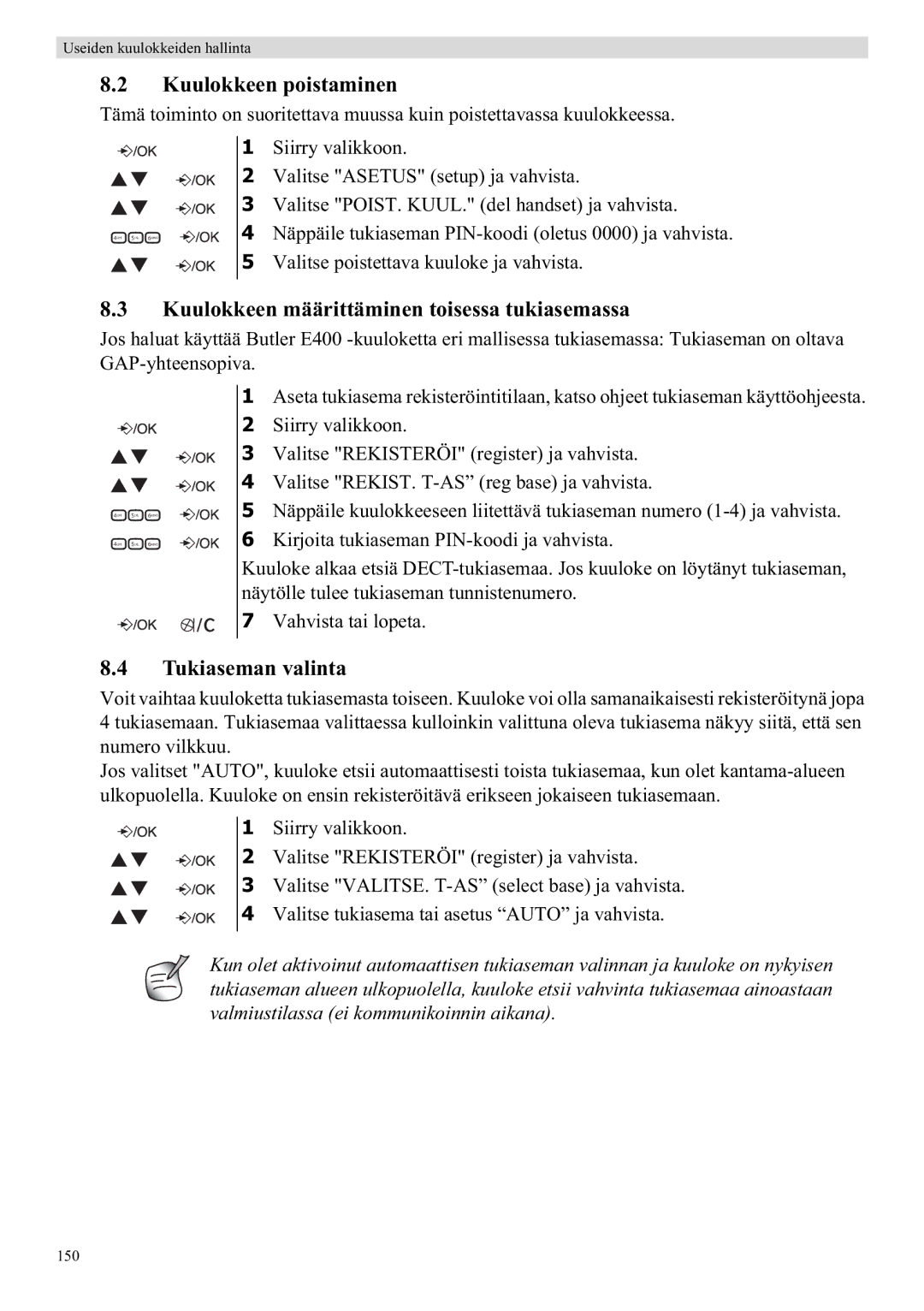 Topcom E400 manual Kuulokkeen poistaminen, Kuulokkeen määrittäminen toisessa tukiasemassa, Tukiaseman valinta 