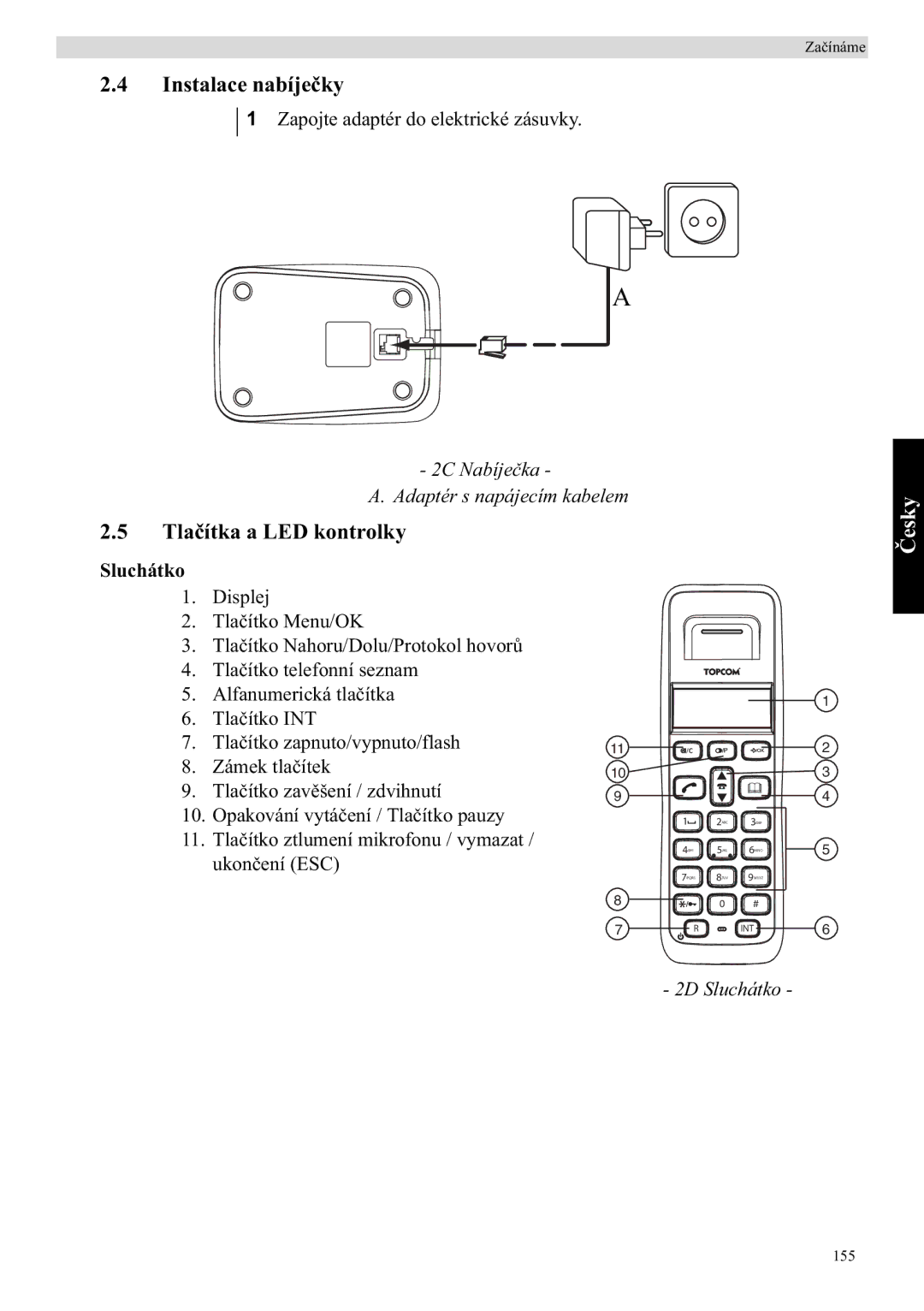 Topcom E400 manual Instalace nabíje, TlaLED kontrolky, Sluchátko 