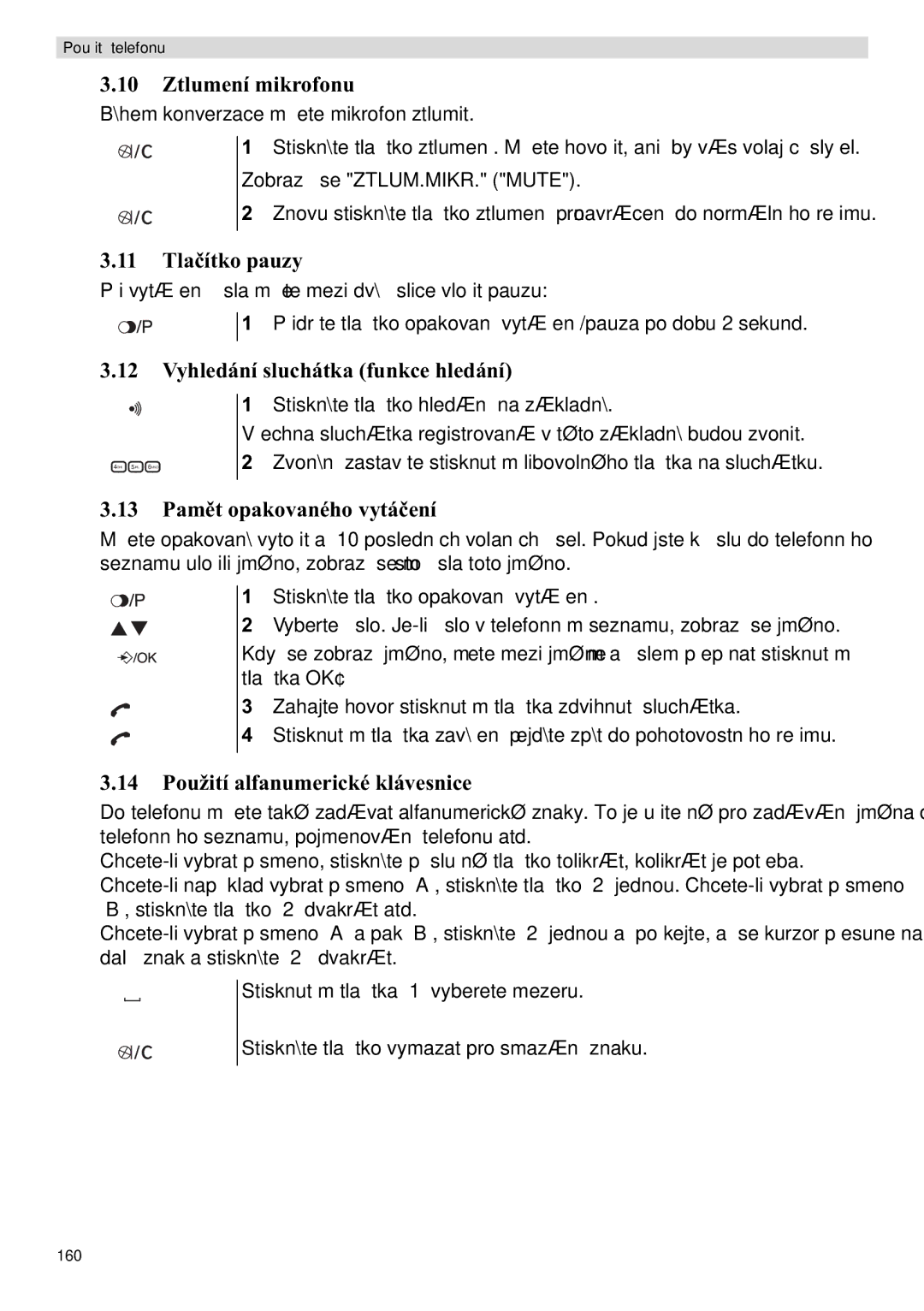 Topcom E400 Ztlumení mikrofonu, 11 Tla, Vyhledání sluchátka funkce hledání, 13 Pam, 14 Použití alfanumerické klávesnice 