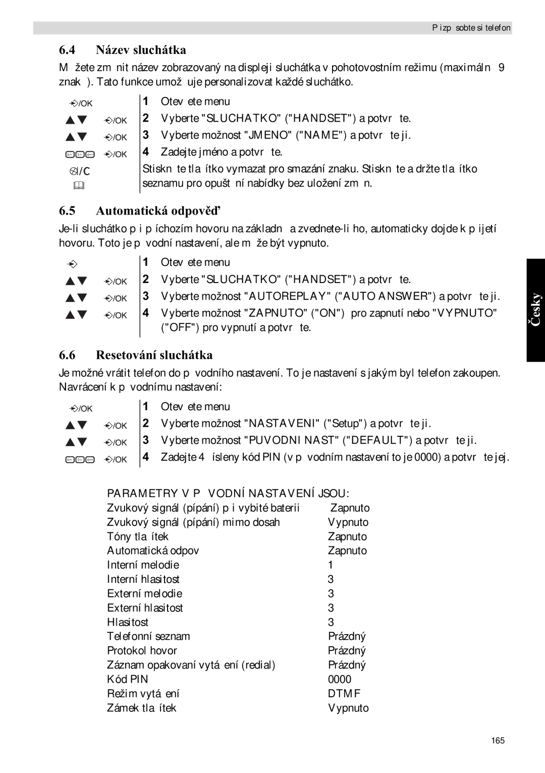 Topcom E400 manual Název sluchátka, Automatická odpov, Resetování sluchátka, Parametry V PNÍ Nastavení Jsou 