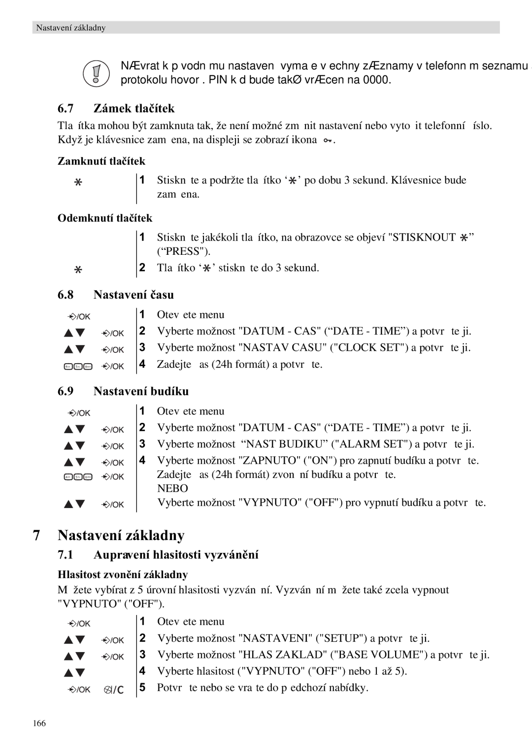 Topcom E400 manual Nastavení základny, Zámek tla, Nastavení budíku 