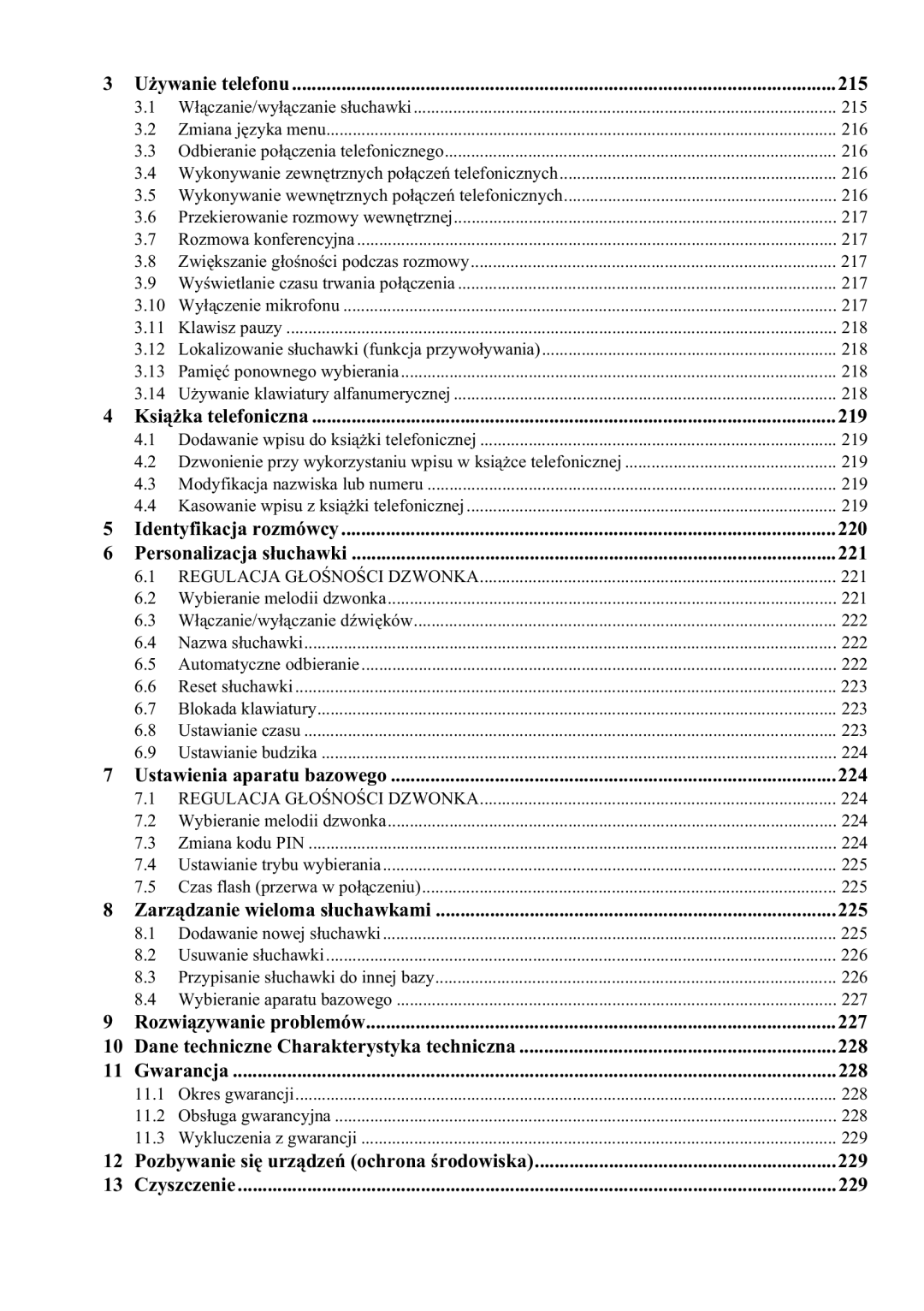 Topcom E400 manual 215, 219, 220, 221, 224, Zarzuchawkami 225, 227, 228, Pozbywanie siurzchrona rodowisk 229 