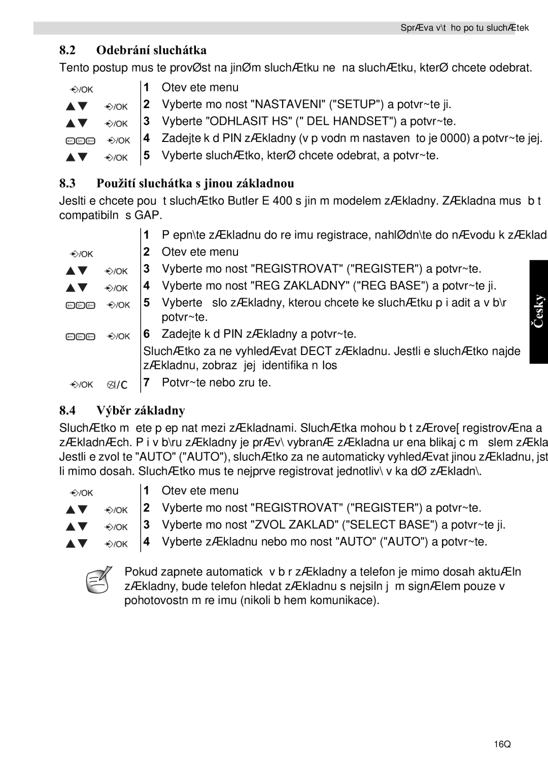 Topcom E400 manual Odebrání sluchátka, Použití sluchátka s jinou základnou 