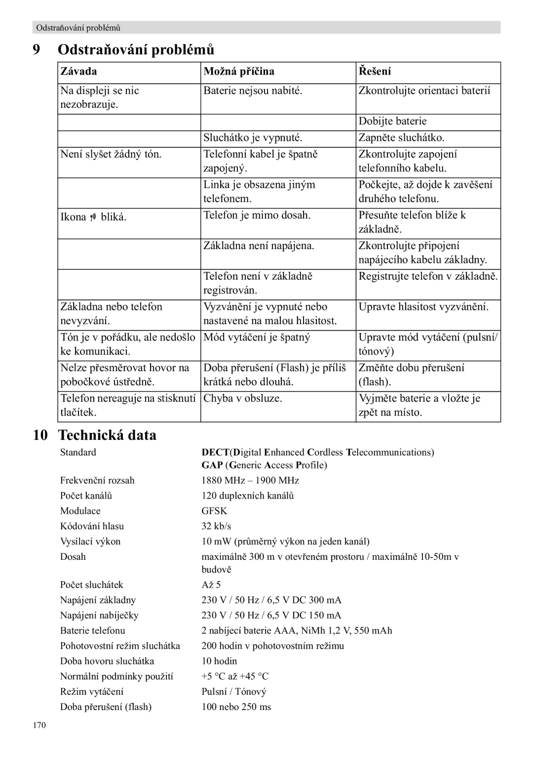 Topcom E400 manual Odstraoblém, Technická data, Závada Možná pí 