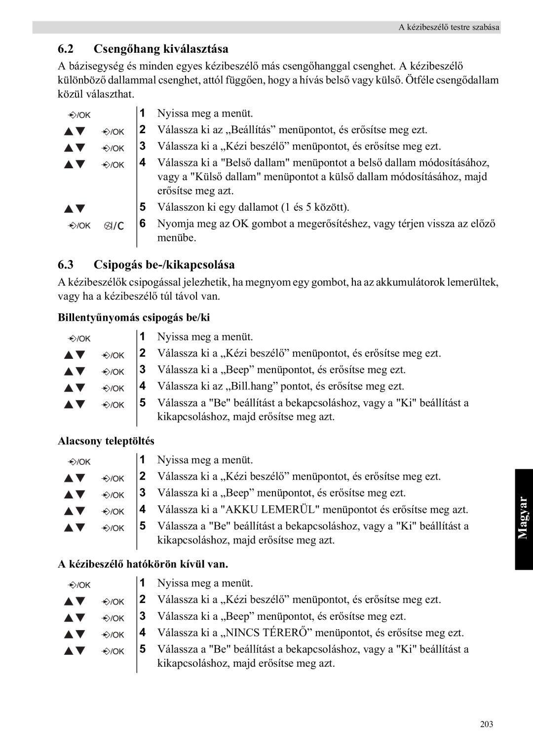 Topcom E400 manual Cseng, Csipogás be-/kikapcsolása, Billentymás csipogás be/ki, Alacsony teleptöltés 