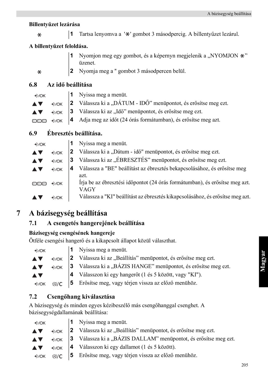 Topcom E400 manual Bázisegység beállítása, Az idllítása, Ébresztés beállítása 