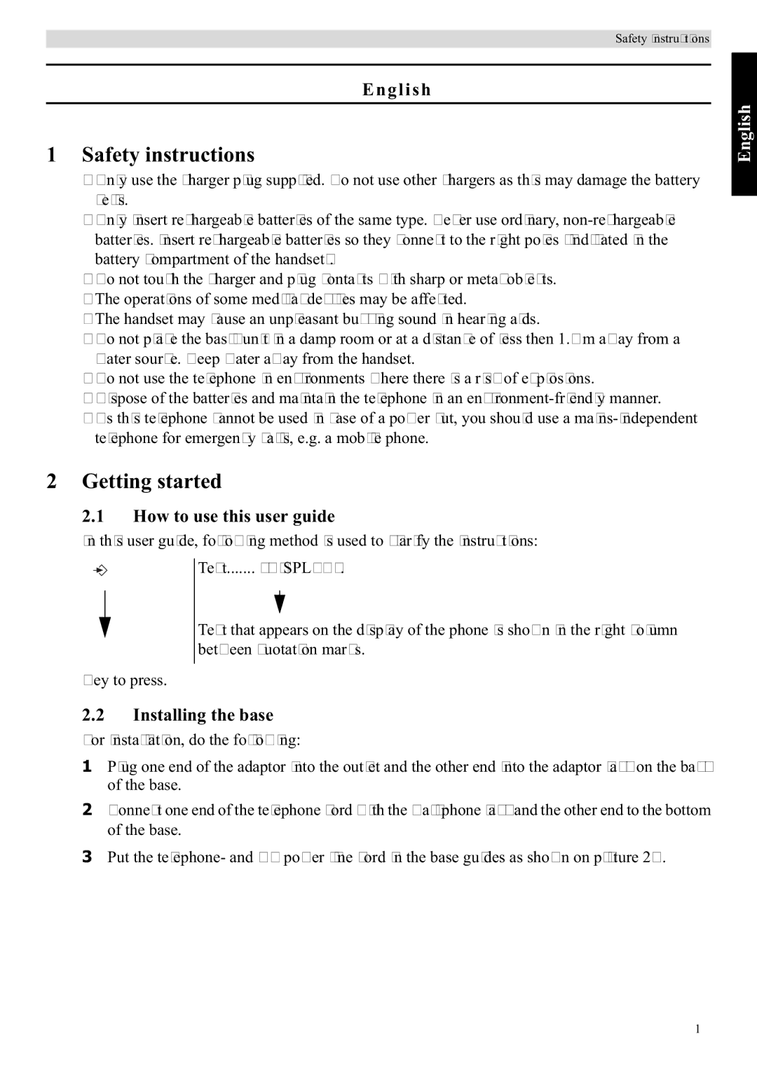 Topcom E400 manual Safety instructions, Getting started, English, How to use this user guide, Installing the base 