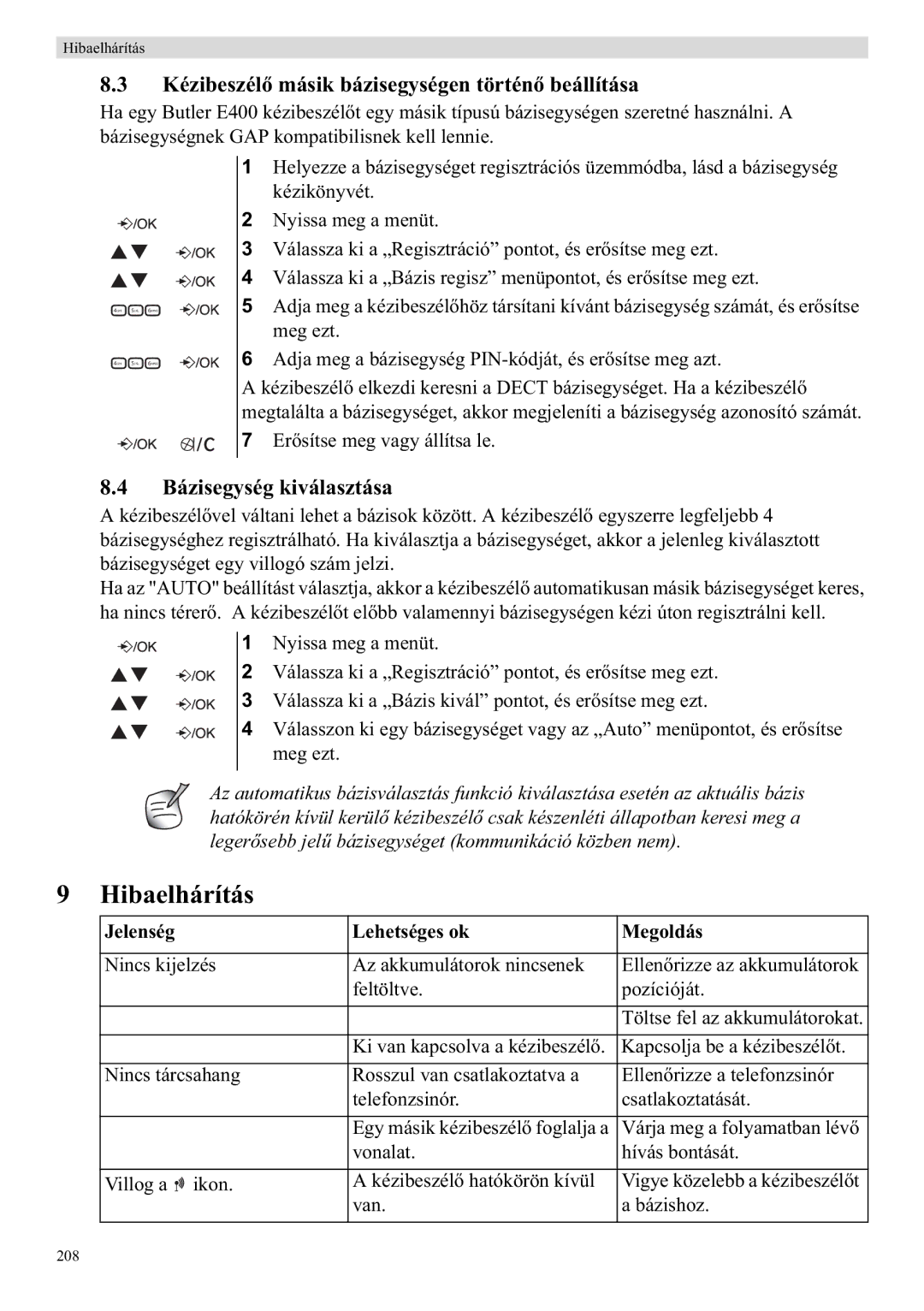 Topcom E400 manual Hibaelhárítás, Kézibeszélténbeállítása, Bázisegység kiválasztása, Jelenség Lehetséges ok Megoldás 