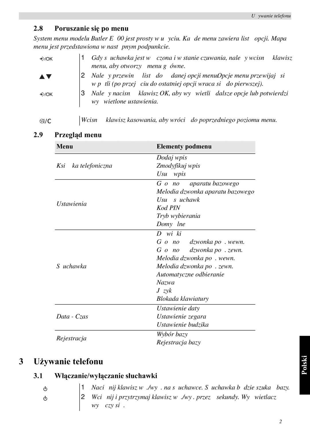 Topcom E400 manual Poruszanie si po menu, Przegl, Wuchawki, Menu Elementy podmenu 