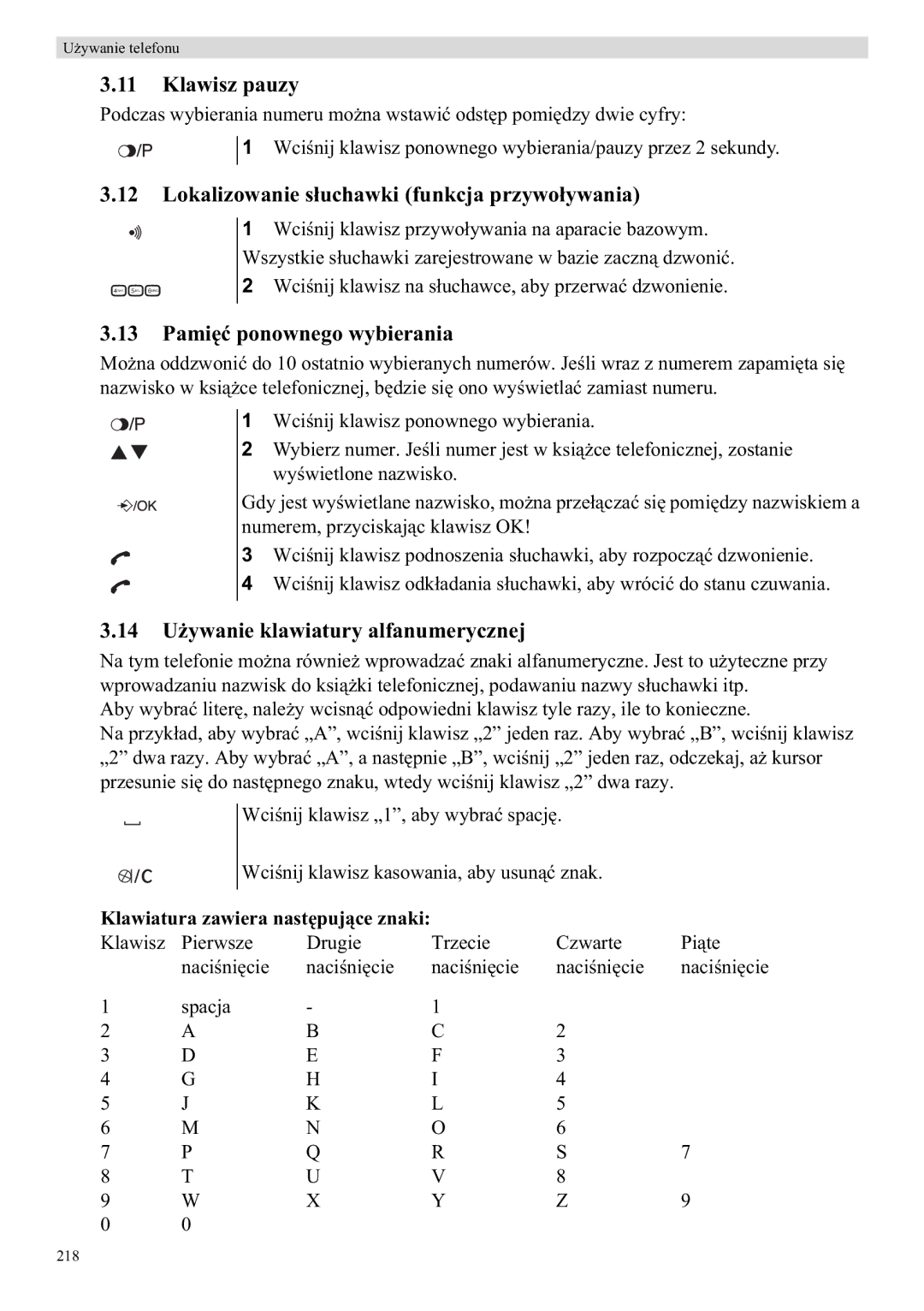 Topcom E400 Klawisz pauzy, Lokalizowanie s Funkcja przywo, Paminownego wybierania, 14 U, Klawiatura zawiera nastpuje znaki 