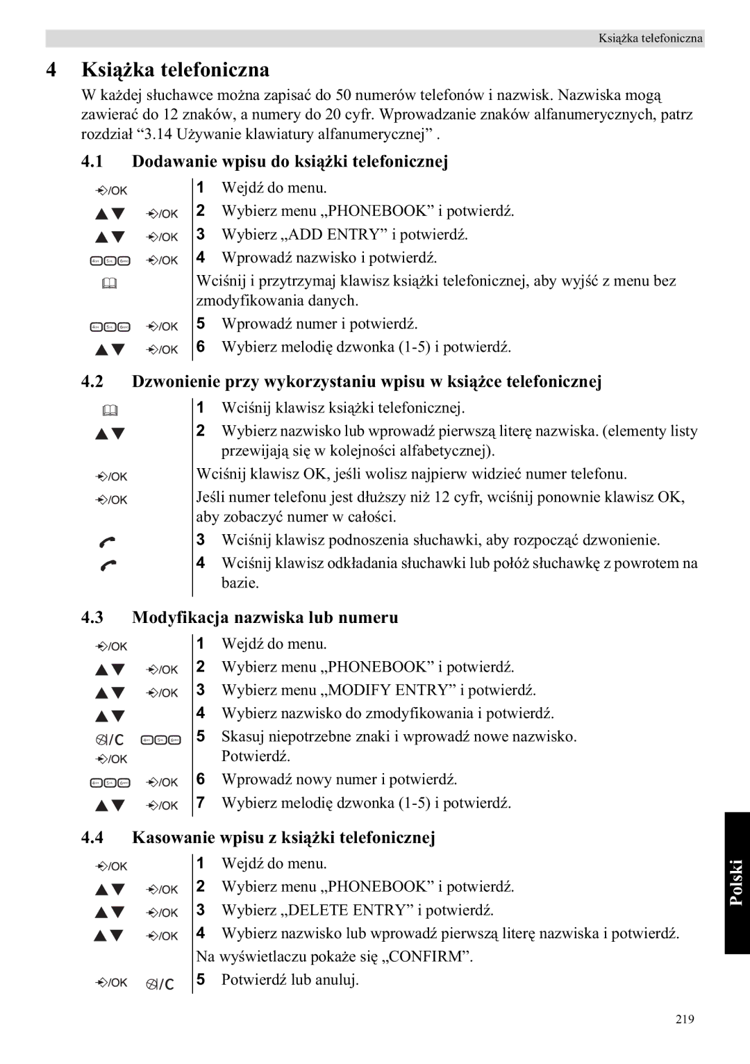 Topcom E400 manual Ksika telefoniczna, Dodawanie wpisu do ksi, Dzwonienie przy wykorzystaniu wpisu w ksice telefonicznej 