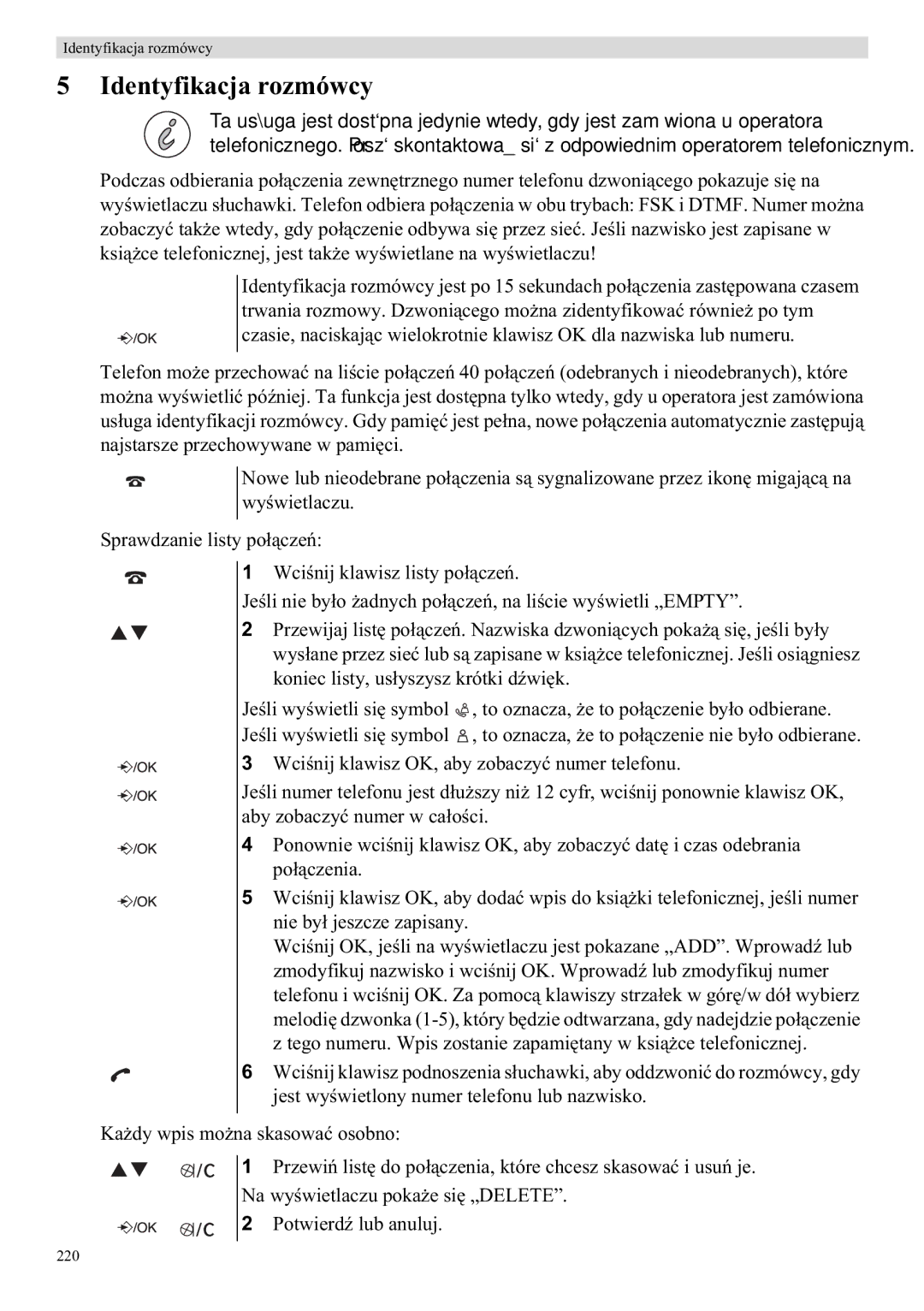 Topcom E400 manual Identyfikacja rozmówcy 