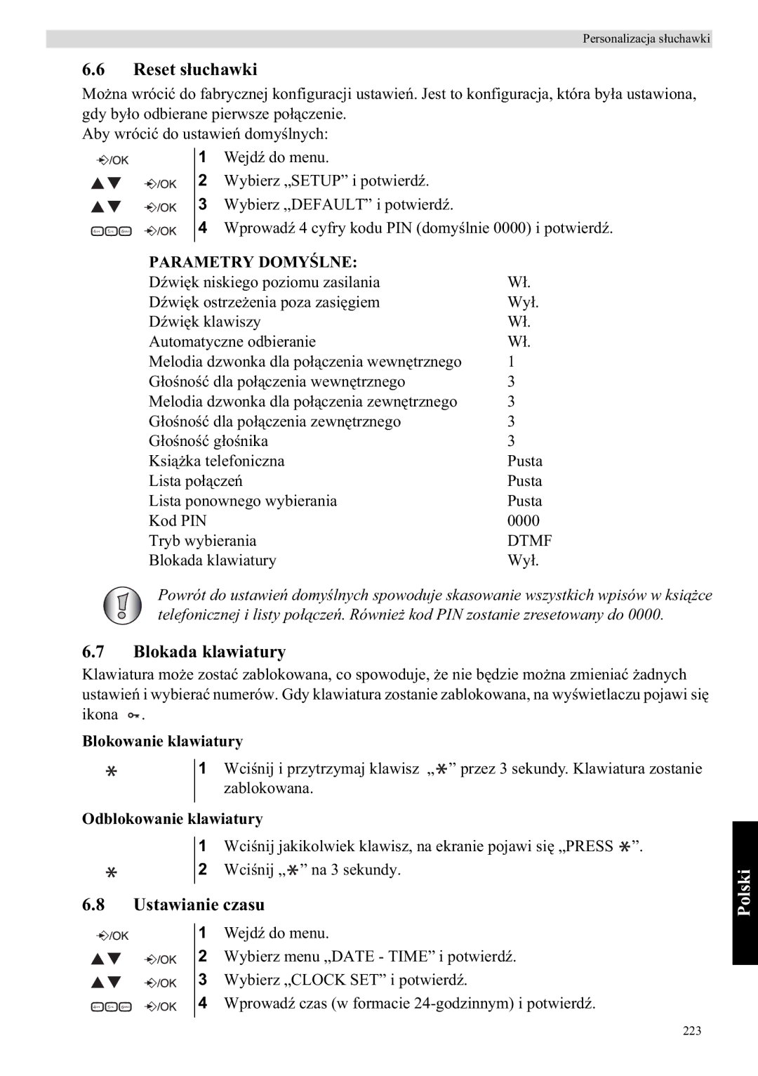 Topcom E400 manual Reset s, Blokada klawiatury, Ustawianie czasu, Blokowanie klawiatury, Odblokowanie klawiatury 