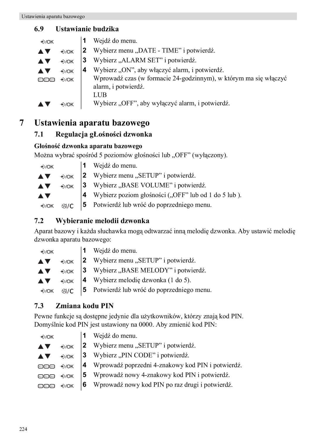 Topcom E400 manual Ustawienia aparatu bazowego, Ustawianie budzika, Zmiana kodu PIN 