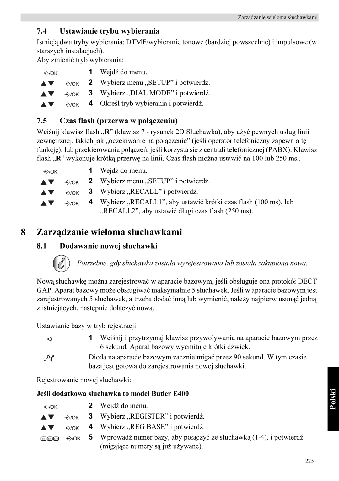 Topcom E400 manual Zarz, Ustawianie trybu wybierania, Czas flash przerwa w po, Dodawanie nowej suchawki 