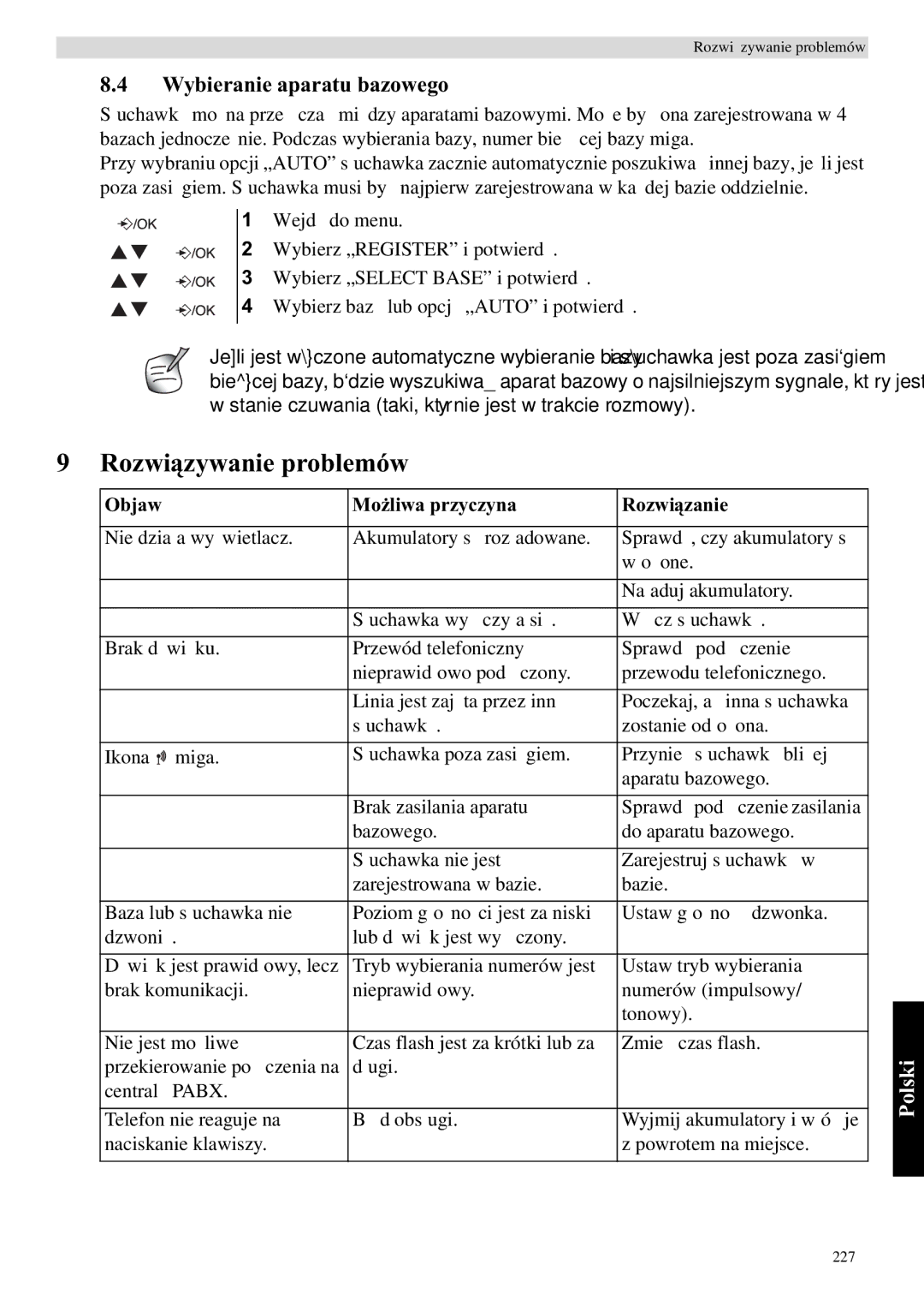 Topcom E400 manual Rozwioblemów, Wybieranie aparatu bazowego, Objaw Rozwinie 