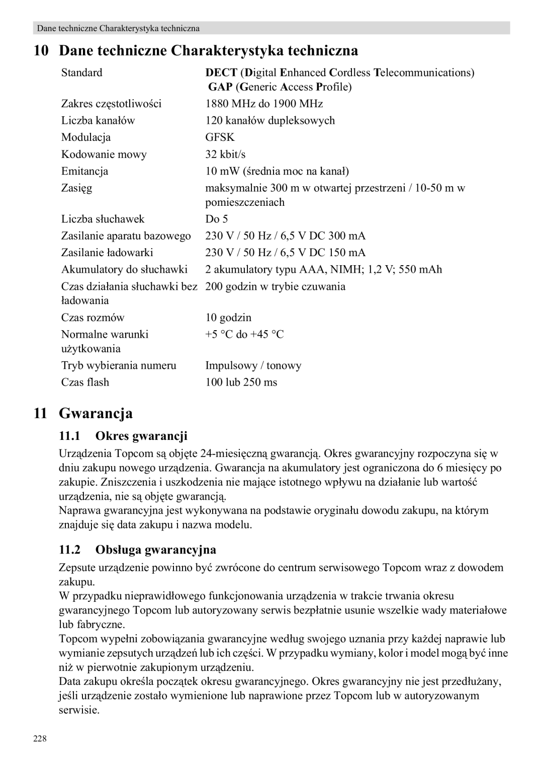 Topcom E400 manual Dane techniczne Charakterystyka techniczna, Gwarancja, Okres gwarancji, 11.2 Obs 