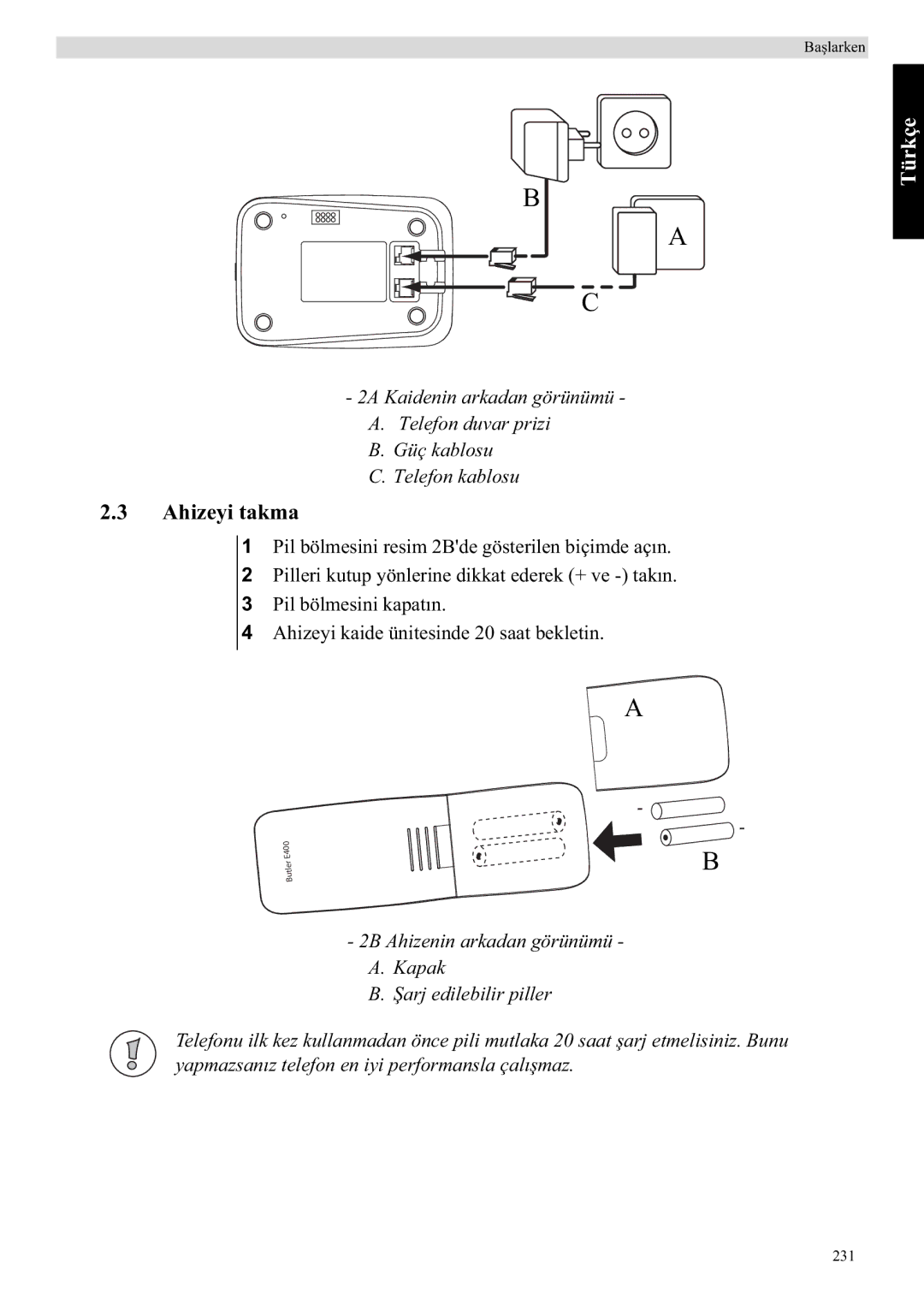 Topcom E400 manual Türkçe, Ahizeyi takma 