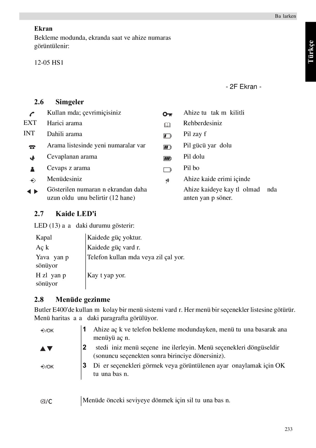 Topcom E400 manual Simgeler, Kaide LEDi, Menüde gezinme, Ekran 