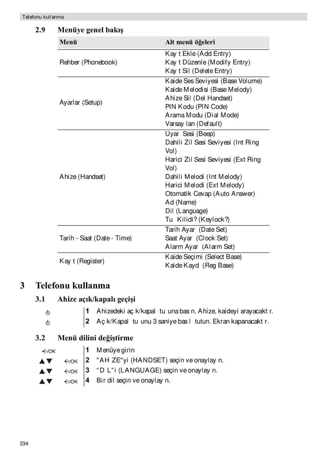 Topcom E400 manual Telefonu kullanma, Menüye genel bak, Ahize açgeçi, Menü dilini detirme, Menü Alt menü ö 