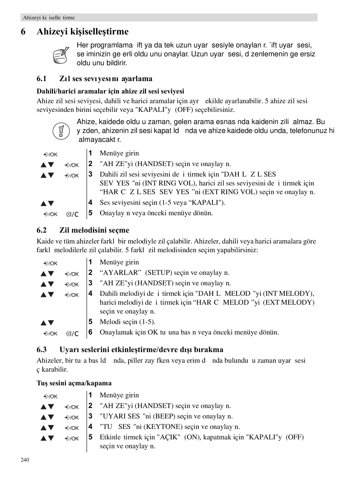 Topcom E400 manual Ahizeyi ki, Zl ses sevyesn ayarlama, Zil melodisini seçme, Uyarlerini etkinlee d 