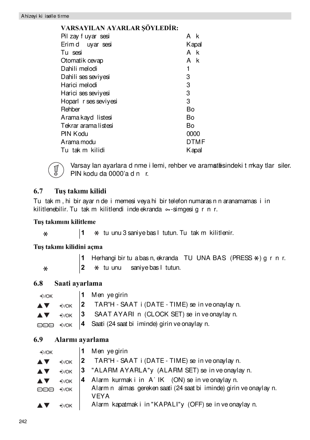 Topcom E400 manual Tu takmkilidi, Saati ayarlama, Alarm, Tukilitleme, Tukilidini açma 