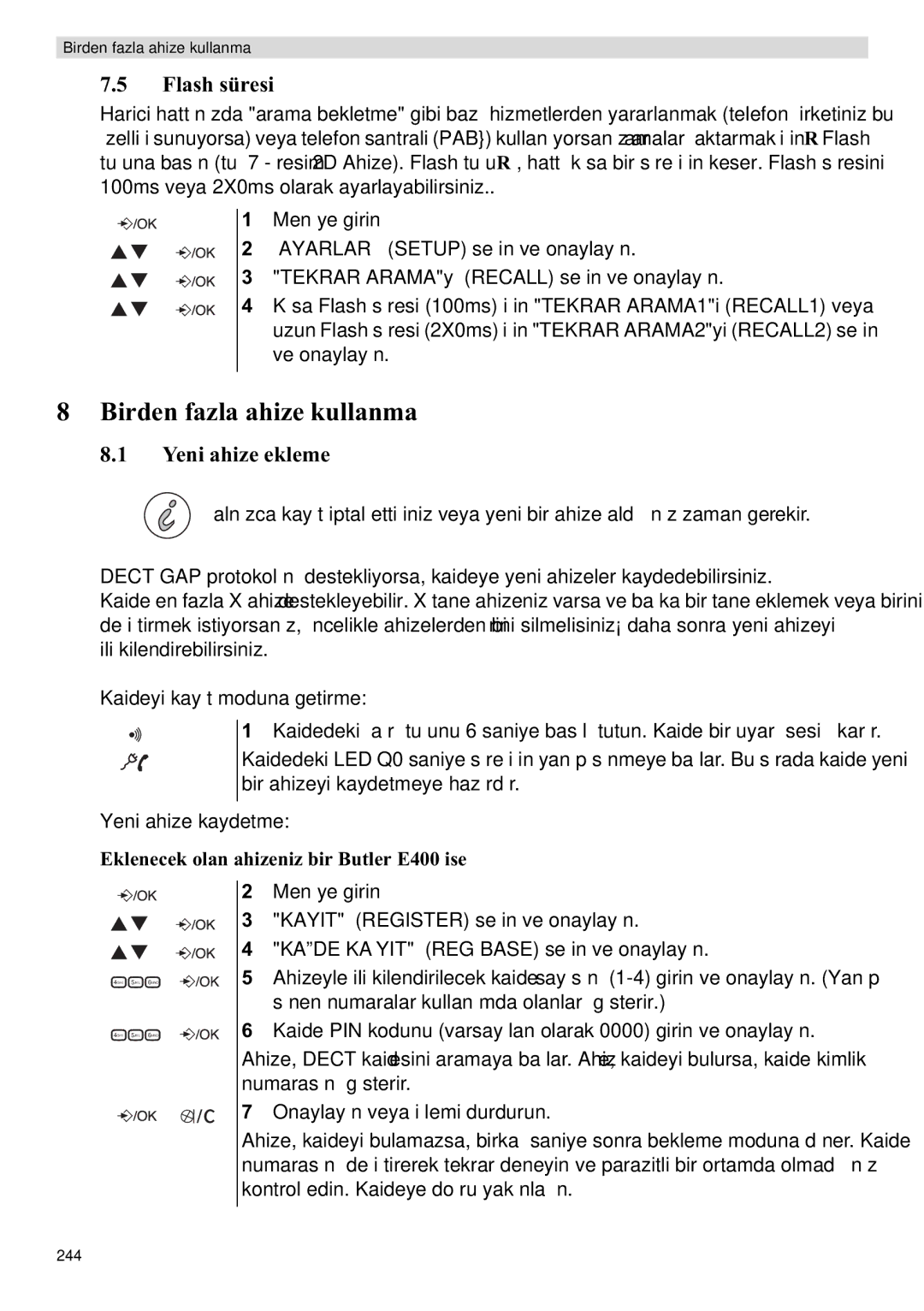 Topcom manual Birden fazla ahize kullanma, Flash süresi, Yeni ahize ekleme, Eklenecek olan ahizeniz bir Butler E400 ise 