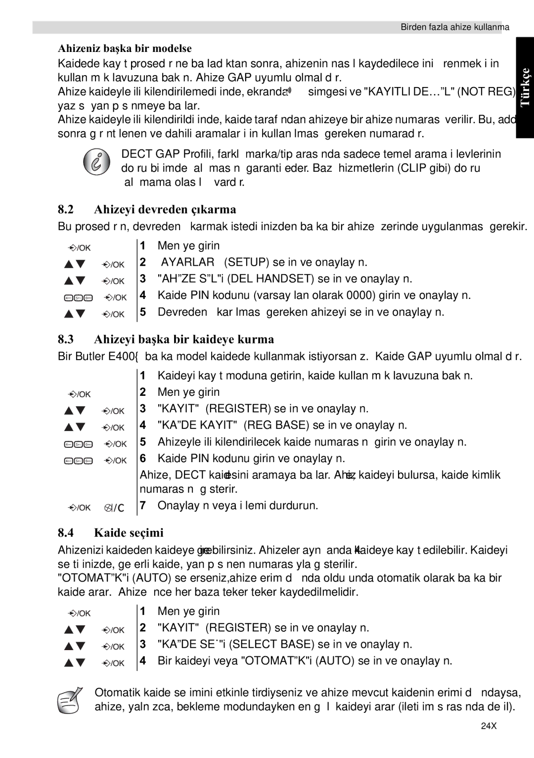 Topcom E400 manual Ahizeyi devreden çkarma, Ahizeyi bakaideye kurma, Kaide seçimi, Ahizeniz baelse, Kayit 