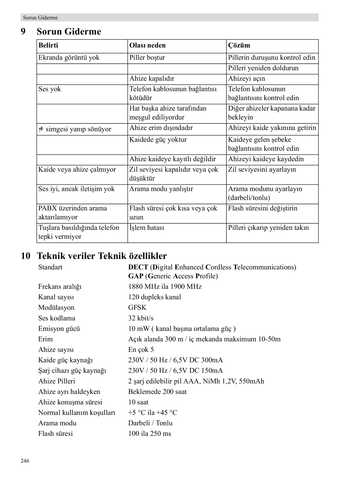 Topcom E400 manual Sorun Giderme, Teknik veriler Teknik özellikler, Belirti Olas 