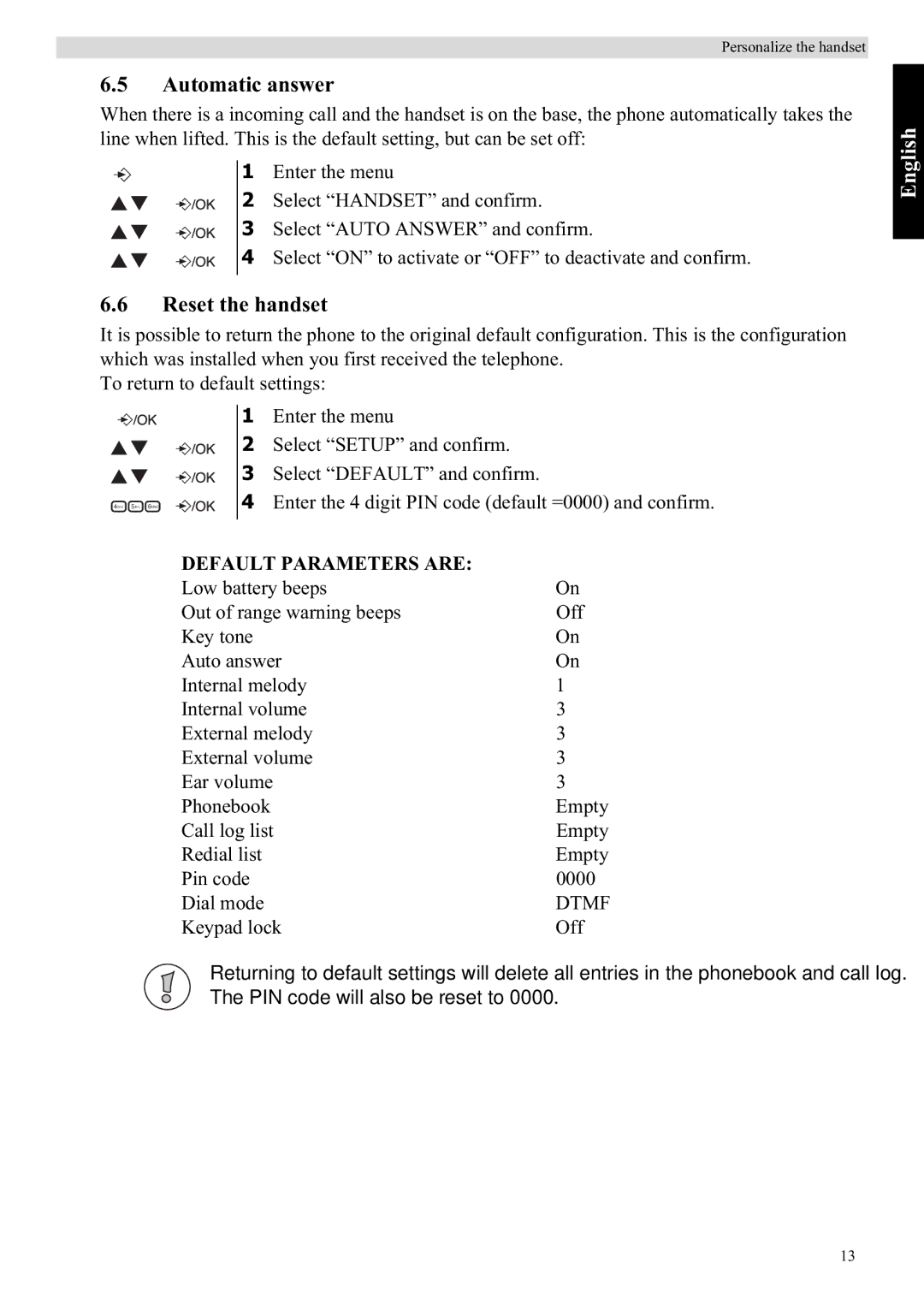 Topcom E400 manual Automatic answer, Reset the handset 