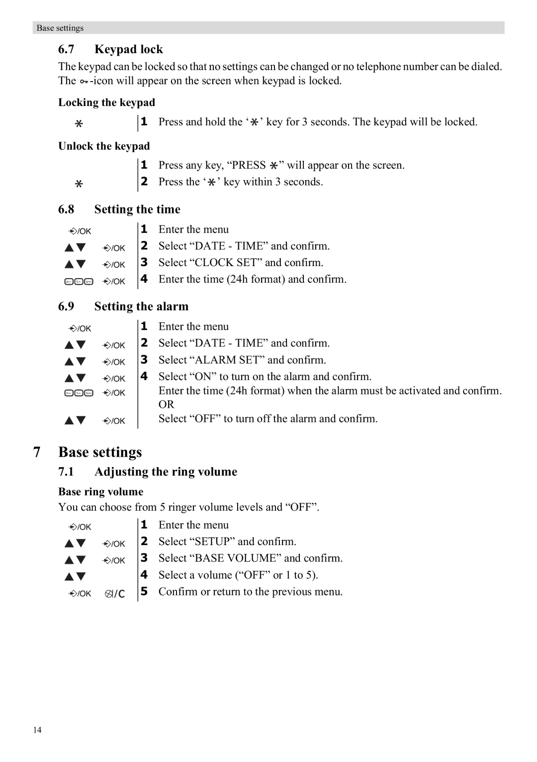 Topcom E400 manual Base settings, Keypad lock, Setting the time, Setting the alarm 