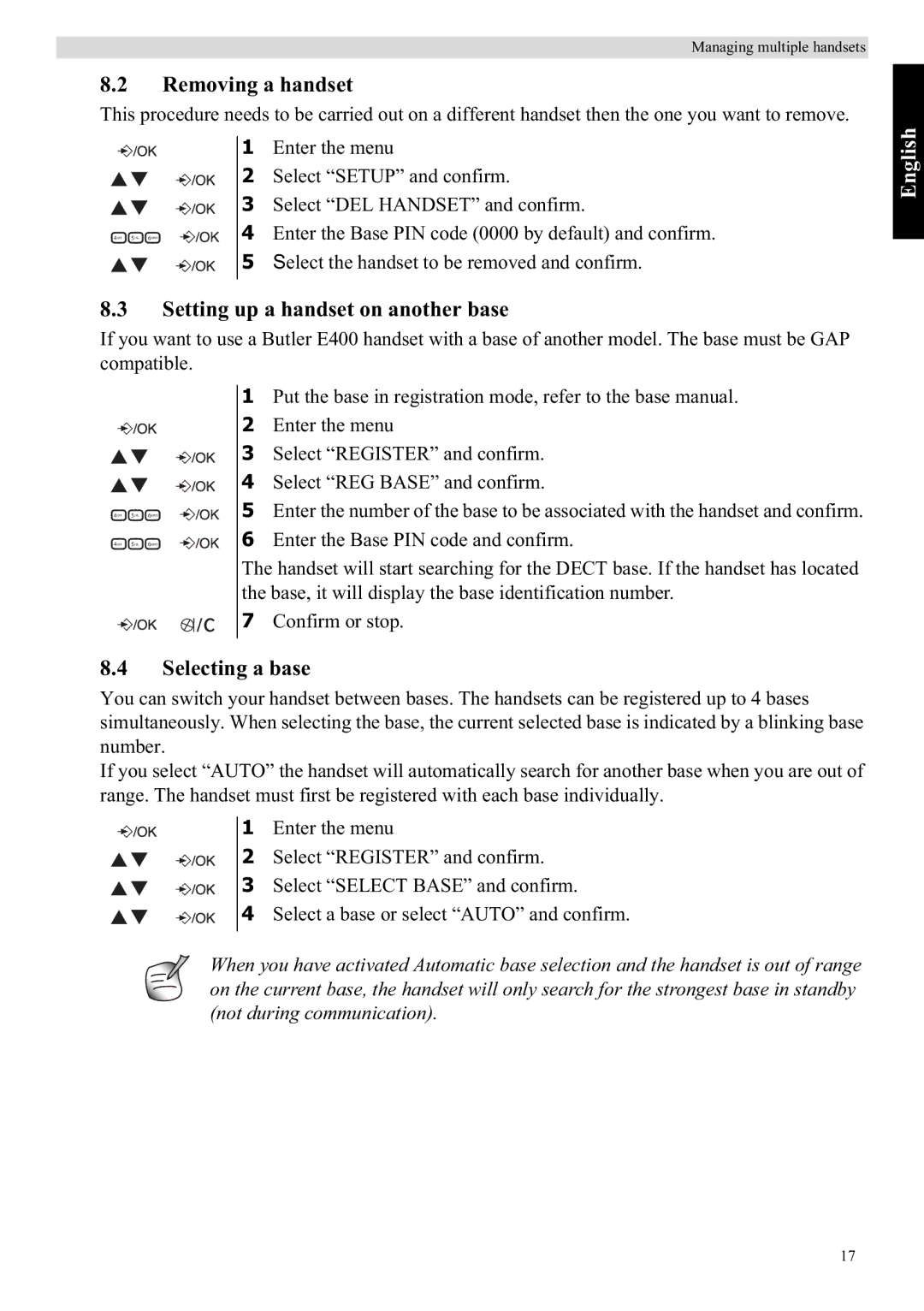 Topcom E400 manual Removing a handset, Setting up a handset on another base, Selecting a base 