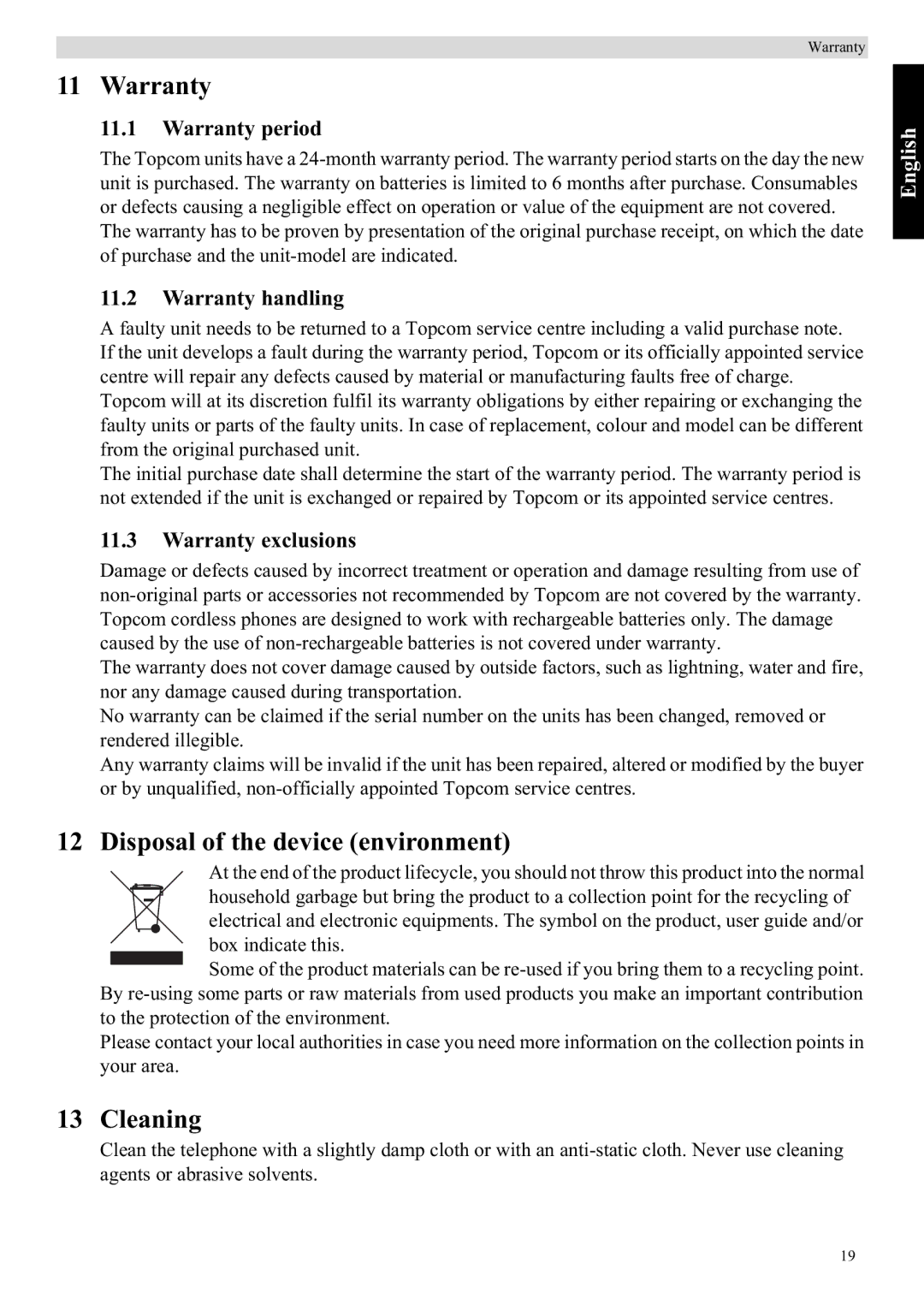 Topcom E400 manual Warranty, Disposal of the device environment, Cleaning 