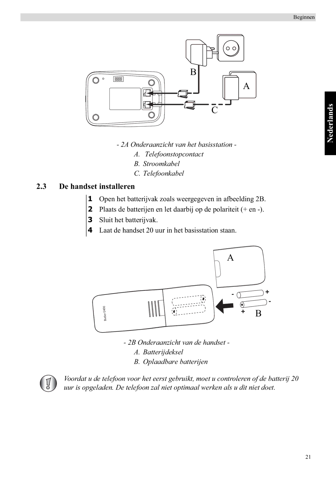 Topcom E400 manual De handset installeren, Nederlands 