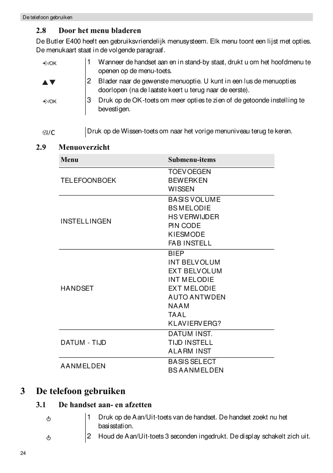 Topcom E400 De telefoon gebruiken, Door het menu bladeren, Menuoverzicht, De handset aan- en afzetten, MenuSubmenu-items 