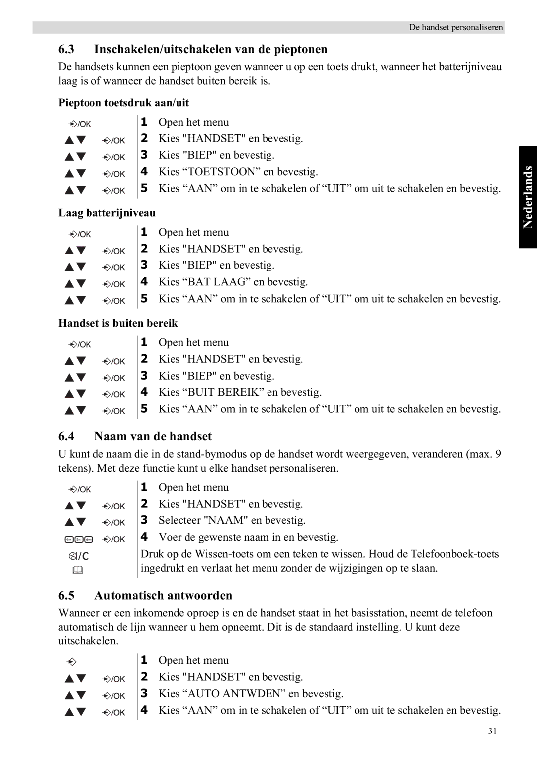 Topcom E400 manual Inschakelen/uitschakelen van de pieptonen, Naam van de handset, Automatisch antwoorden 