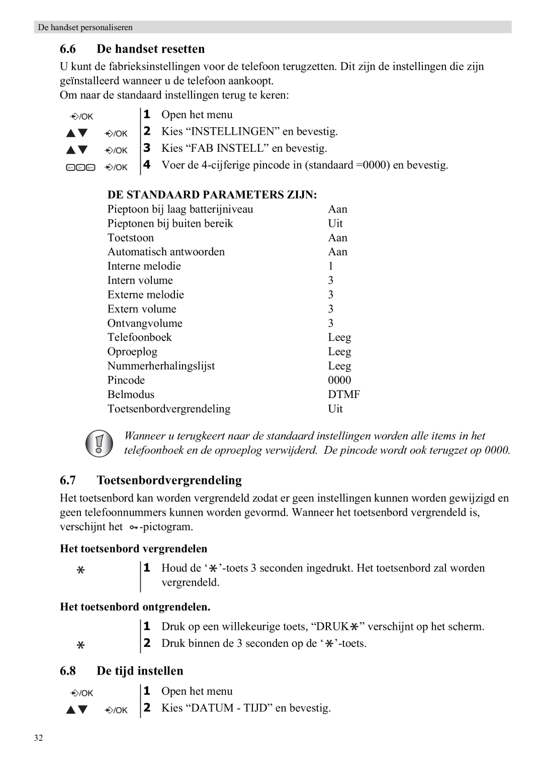 Topcom E400 manual De handset resetten, Toetsenbordvergrendeling, De tijd instellen, Het toetsenbord vergrendelen 