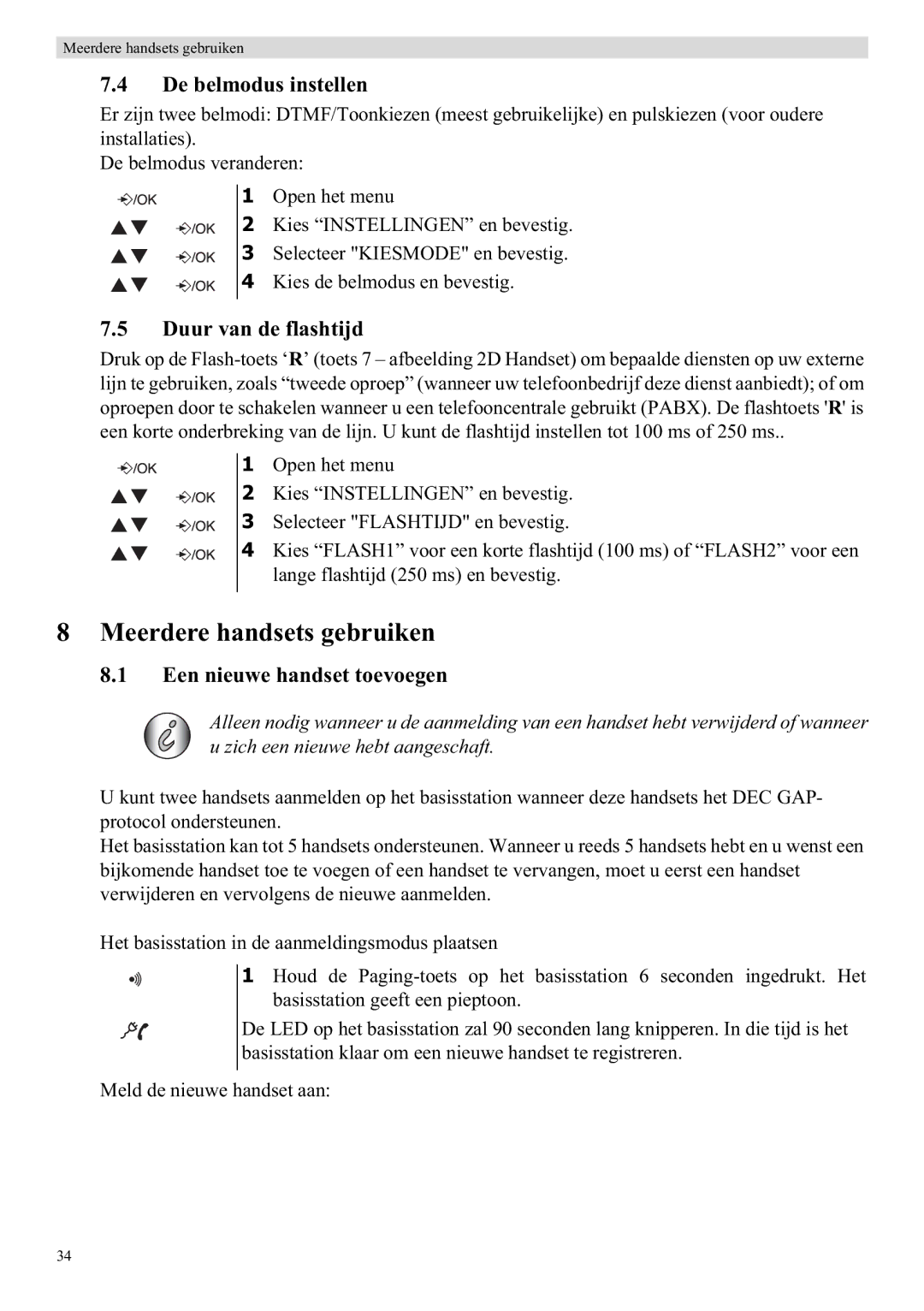 Topcom E400 manual Meerdere handsets gebruiken, De belmodus instellen, Duur van de flashtijd, Een nieuwe handset toevoegen 