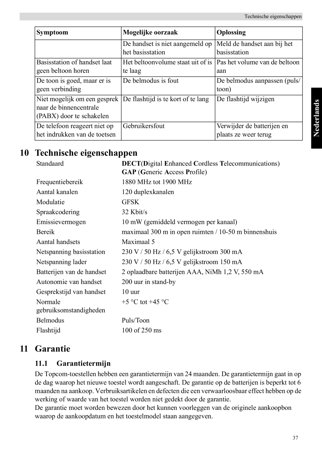 Topcom E400 manual Technische eigenschappen, Garantietermijn 