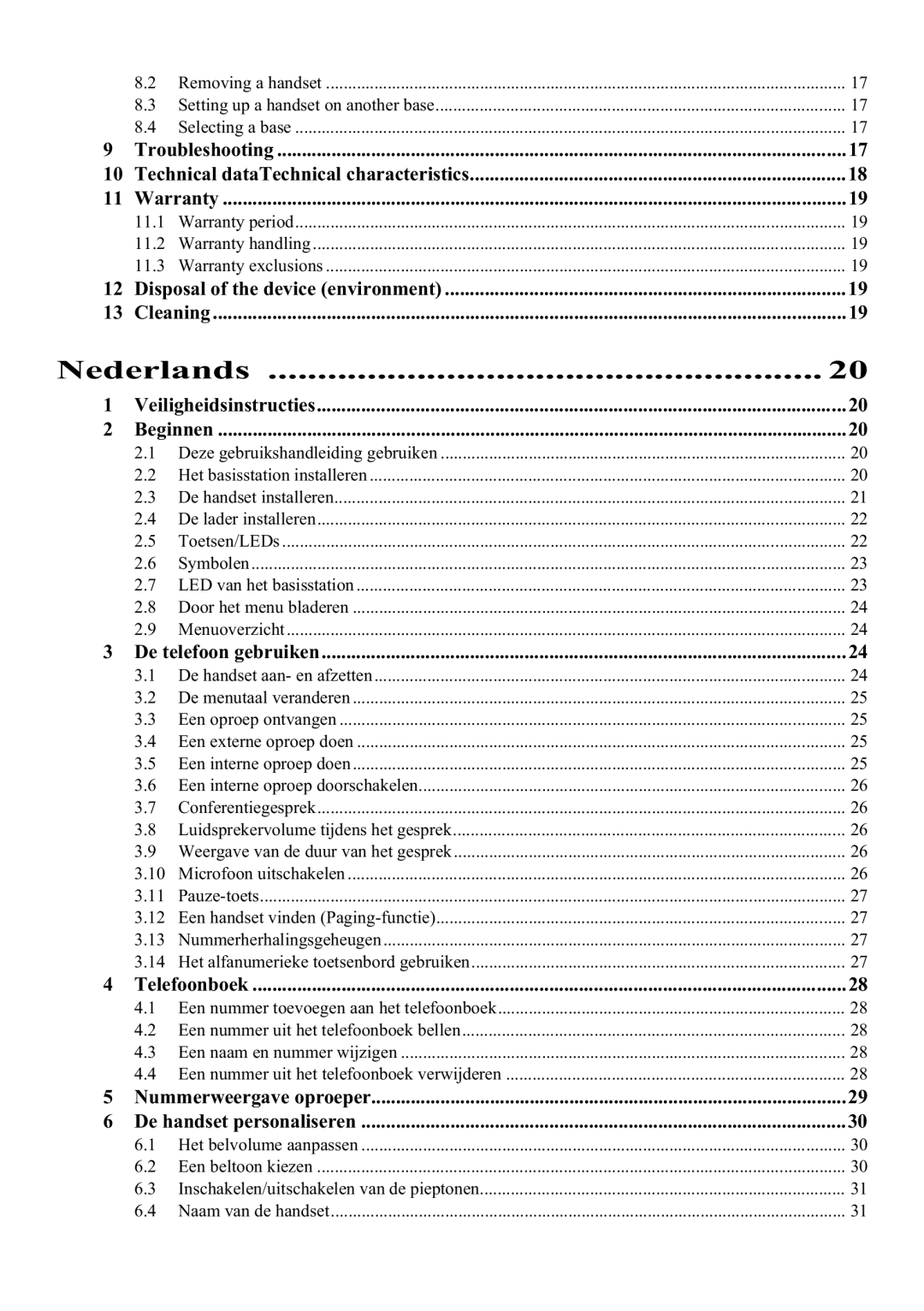 Topcom E400 manual Nederlands, Disposal of the device environment Cleaning 