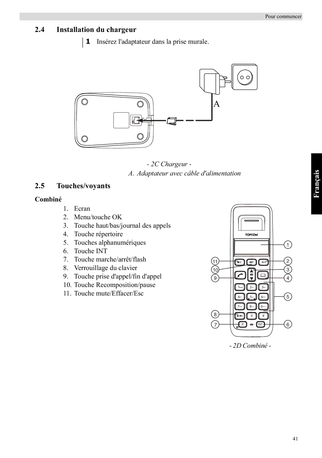 Topcom E400 manual Installation du chargeur, Touches/voyants, Combiné 