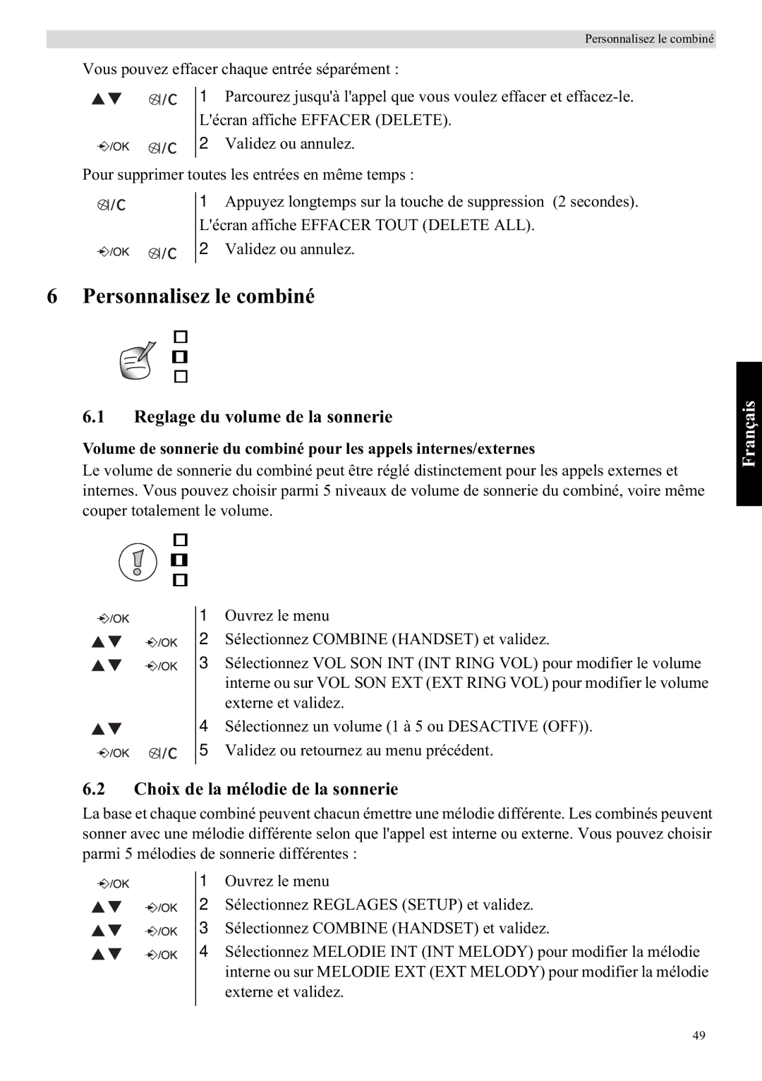 Topcom E400 manual Personnalisez le combiné, Reglage du volume de la sonnerie, Choix de la mélodie de la sonnerie 