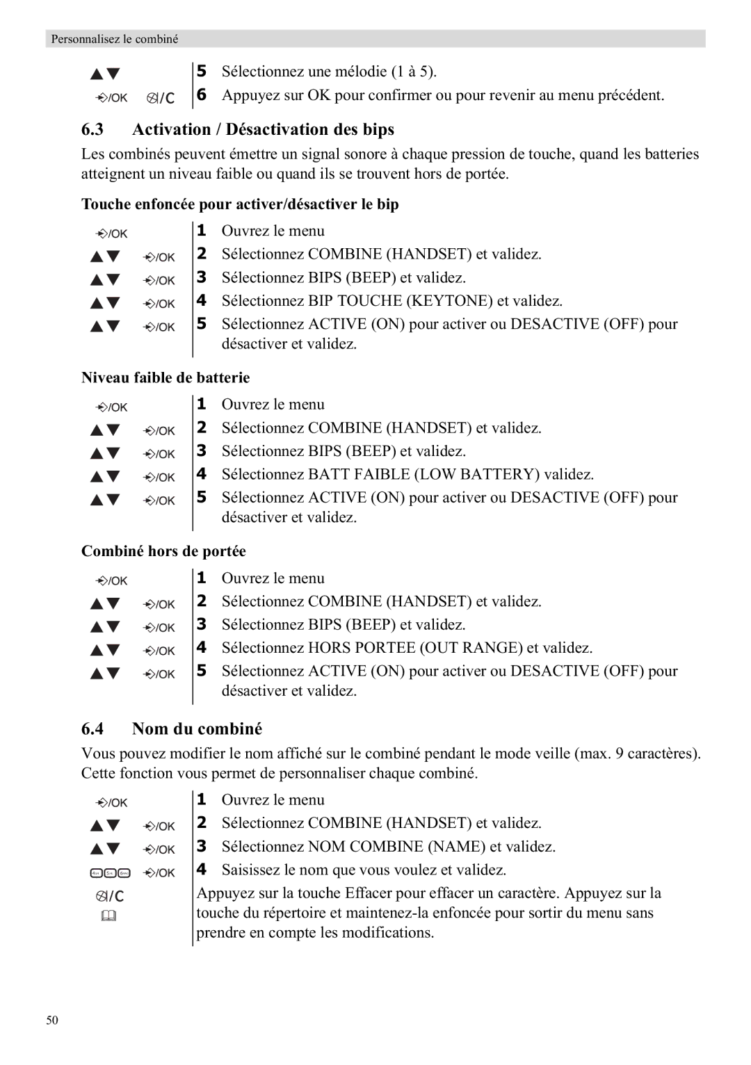 Topcom E400 manual Activation / Désactivation des bips, Nom du combiné, Touche enfoncée pour activer/désactiver le bip 